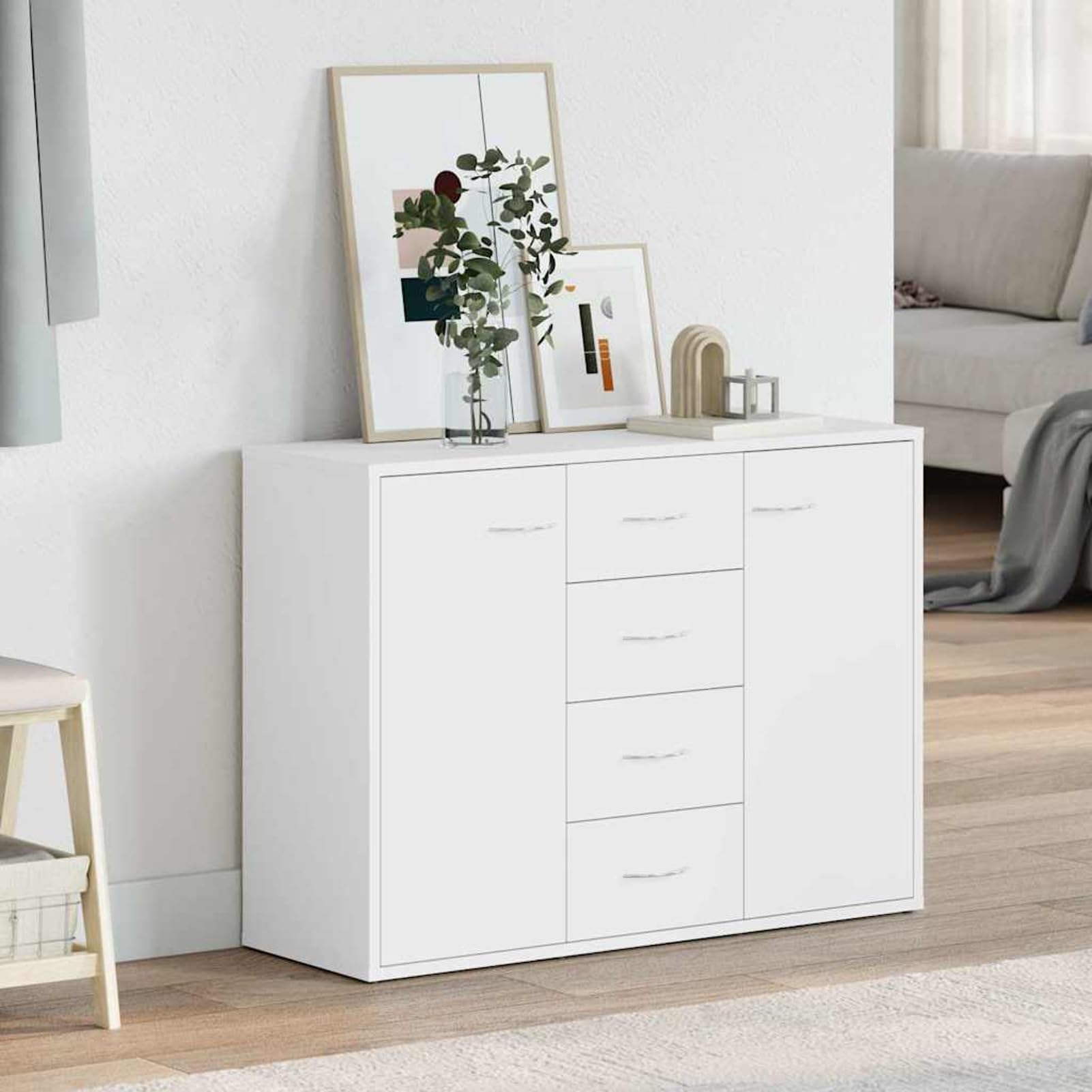 Gecheer Credenza 4 Cassetti 2 Ante Bianco Legno Multistrato 88x30x65 cm Mobile da Soggiorno Camera da Letto Corridoio 800684