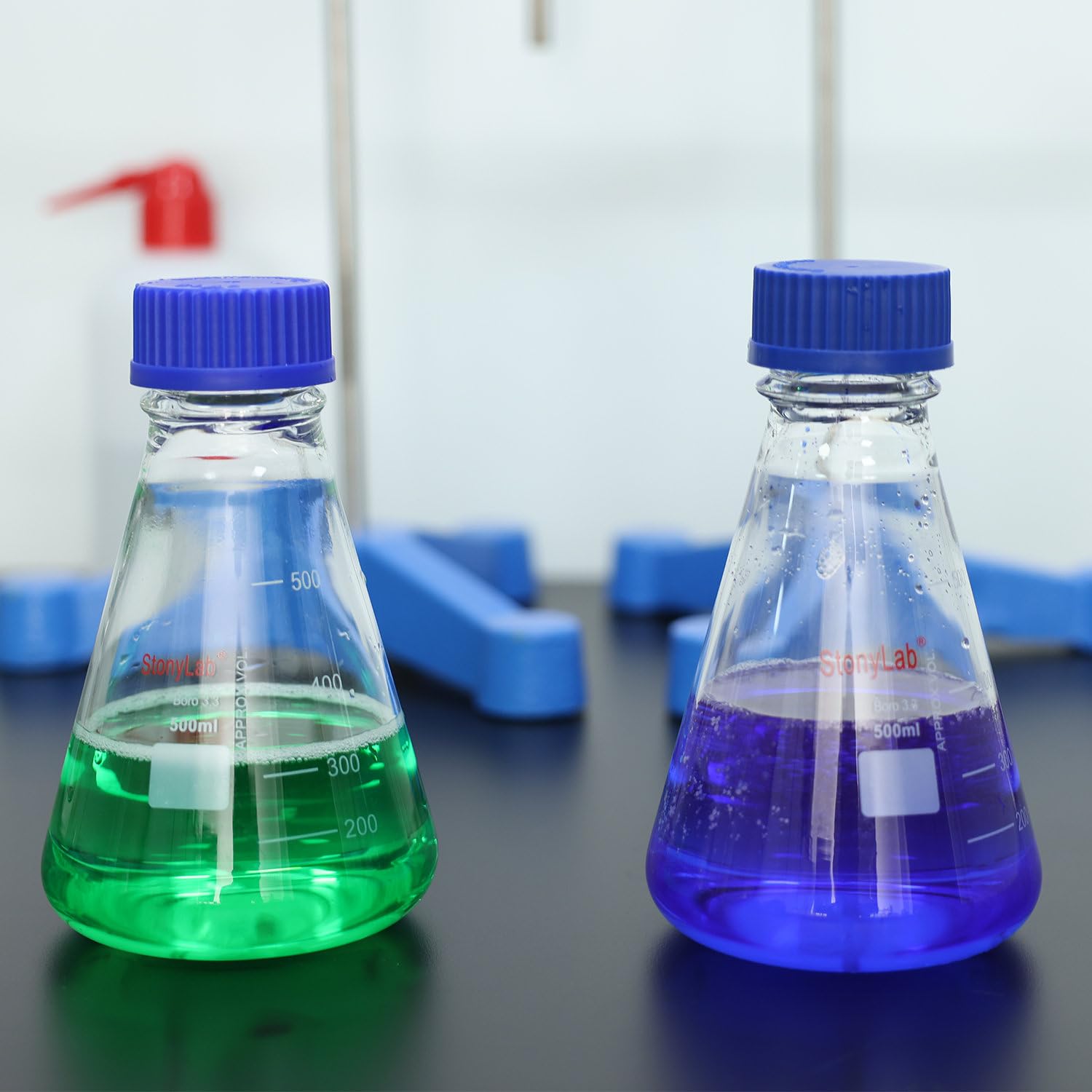 Matraz Erlenmeyer con Tapa de Rosca Azul, Vidrio Borosilicato Graduado para Laboratorio 100 ml