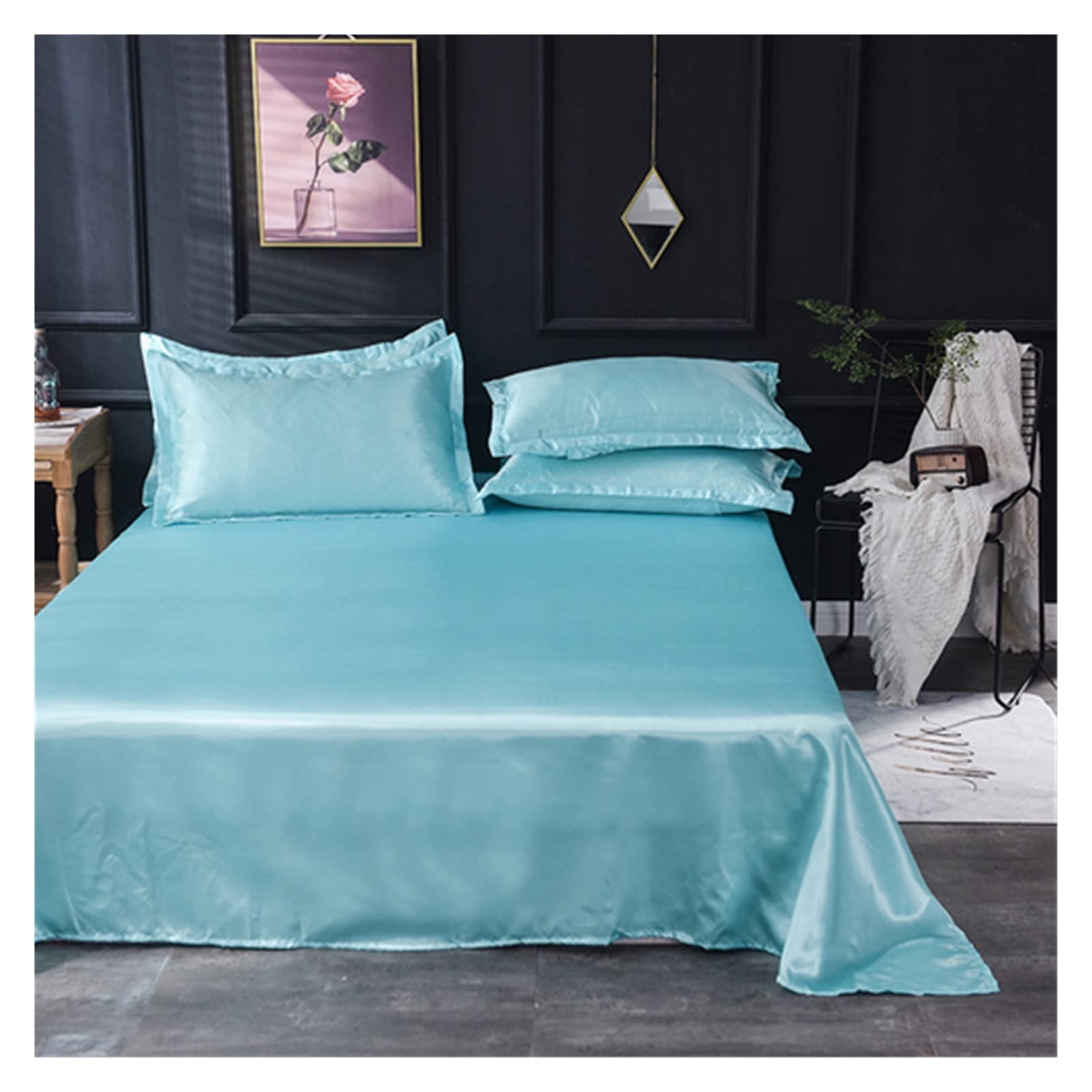 Ice Silk Bed Sheet, Ice Silk Bed Sheet Flat Multicolor Multiple Sizes(Water Blue,170x230cm)