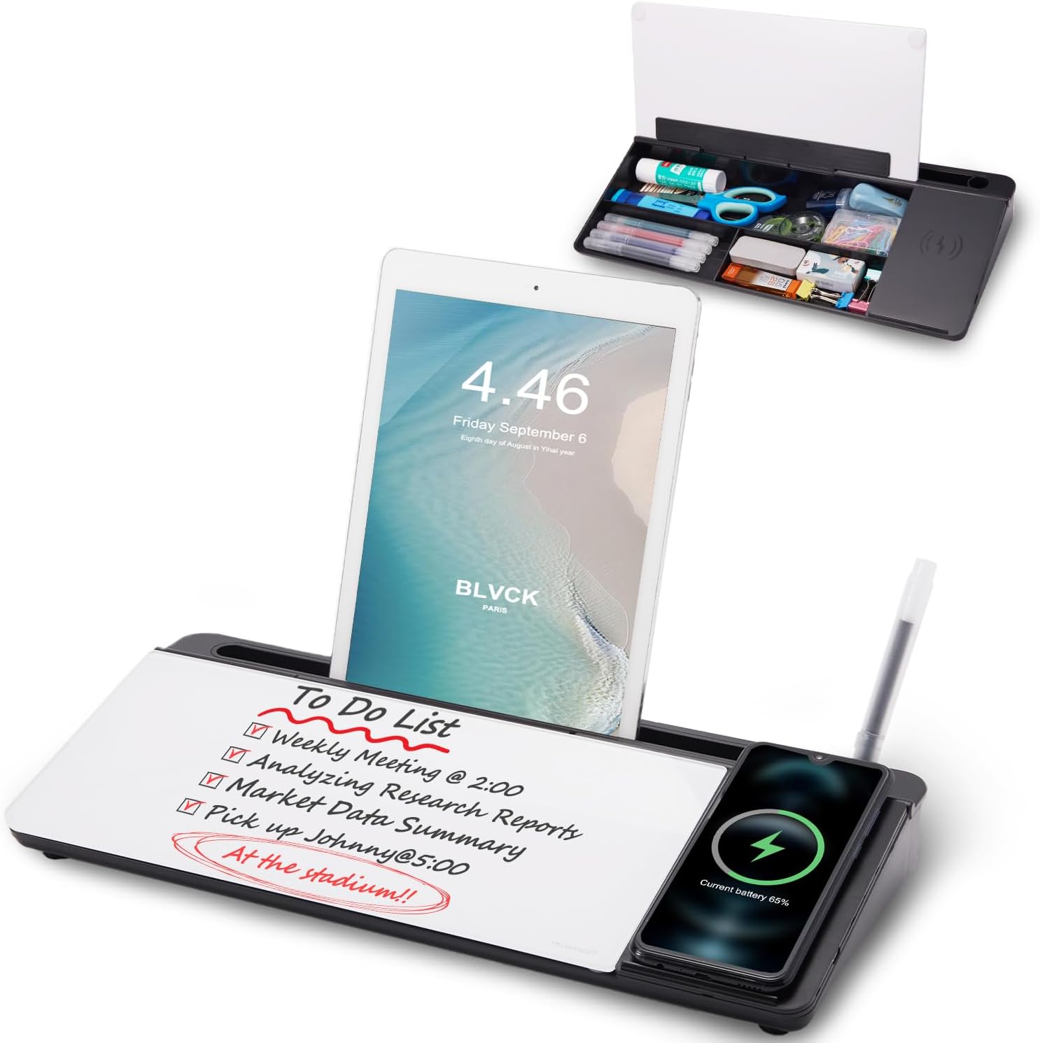 Small Glass Desktop Whiteboard Dry-Erase-Board - Computer Keyboard Stand with Wireless Charger White Board Surface Pad with Drawer, Desk Organizers with Accessories for Office, Home, School Supplies Wireless Charging - White ? Black