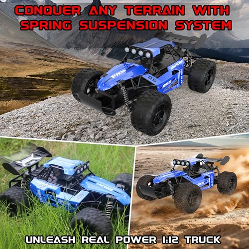 1:12 Scale RC Car for Boys Ages 3+, Fast Remote Control Monster Truck 2WD 25km/h Off-Road Toy, Alloy Shell, LED Lights, Great Gift for Kids & Beginners, 30 Minutes Play Time