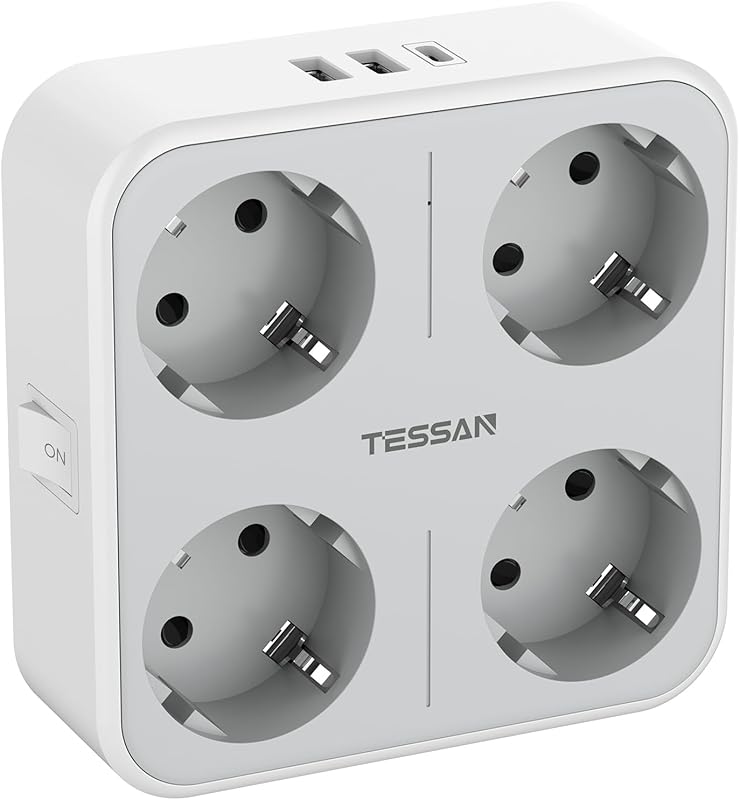 TESSAN Ladron USB C Soketleri, Çoklu Soket 4 Schuko Soket, 1 USB C ve 2 USB A ile, Ladron Soketler 4000W, Ofis, Mutfak için USB'li 7'si 1 Arada Ladron Soket, Gri Duvar Ladron Soket