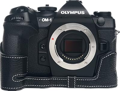 OM-1 Camera Case, BolinUS Handmade Genuine Real Leather Half Camera Case Bag Cover for Olympus OM-1 OM1 Camera Bottom Opening Version + Hand Strap (Black)
