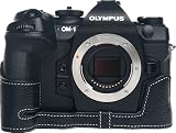OM-1 Camera Case, BolinUS Handmade Genuine Real Leather Half Camera Case Bag Cover for Olympus OM-1 OM1 Camera Bottom Opening Version + Hand Strap (Black)