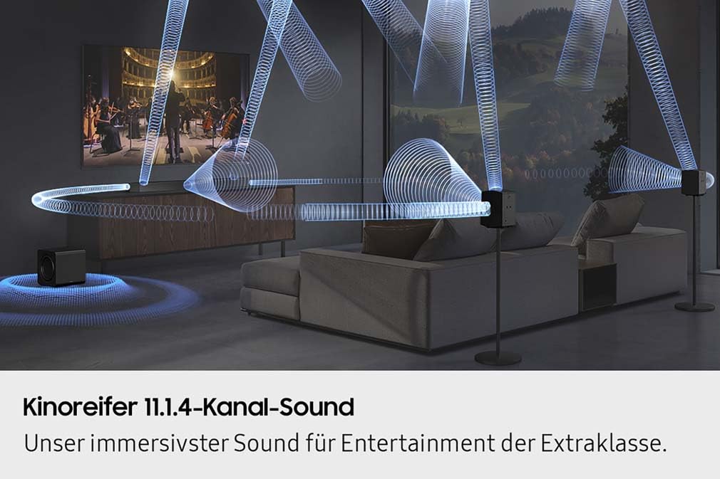 Samsung HW-Q995GF Q-Series 11.1.4-Kanal-Soundbar für Fernseher, Kabelloser 8"-Dual-Subwoofer, 4.0.2-Kanal-Rücklautsprecher, Kabelloses Dolby Atmos und DTS:X, SpaceFit Sound Pro, Q-Symphony