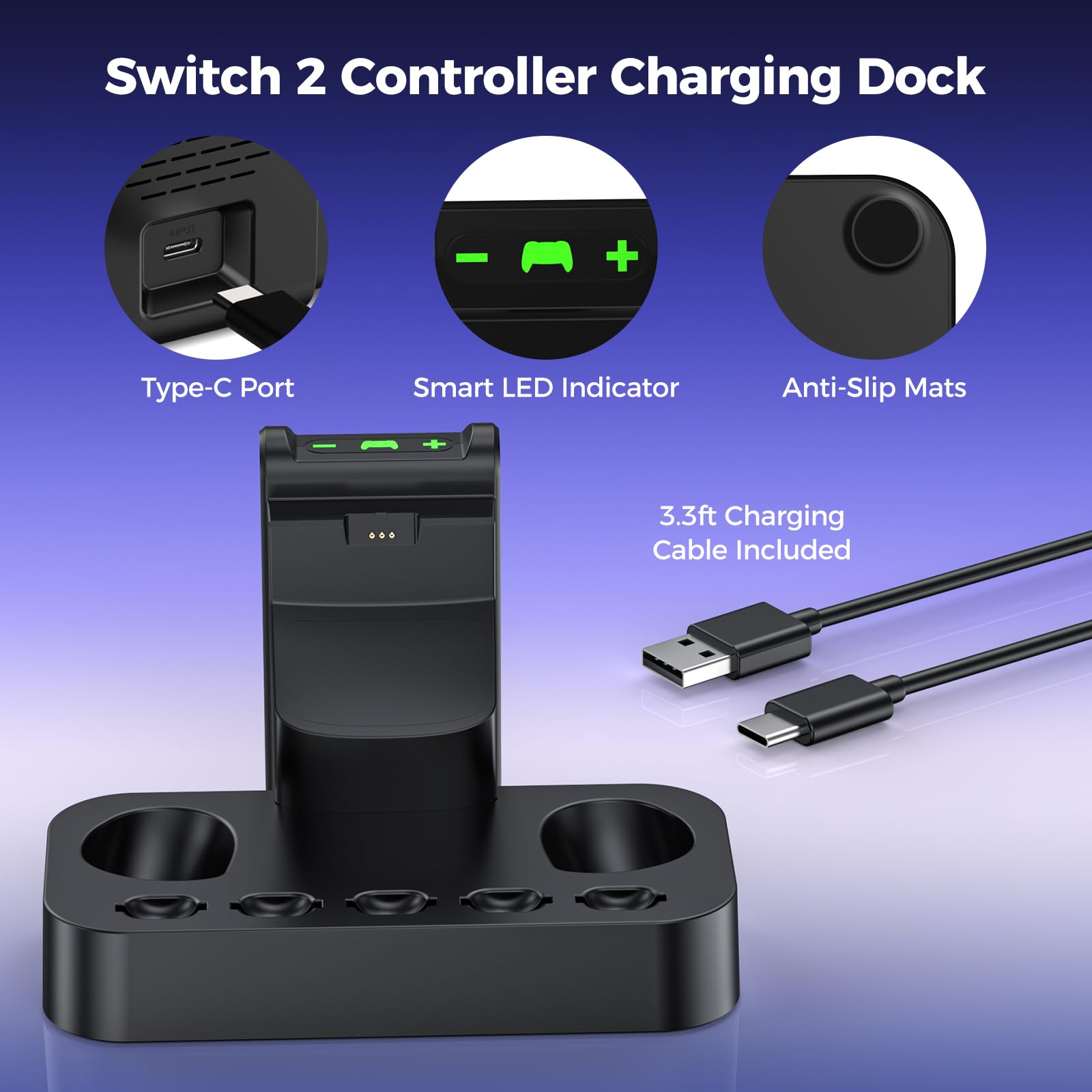 NEWDERY Stazione di ricarica controller per Nintendo Switch 2, stazione di ricarica magnetica rapida Joy con 5 giochi di stoccaggio spazio e indicatore LED, base antiscivolo
