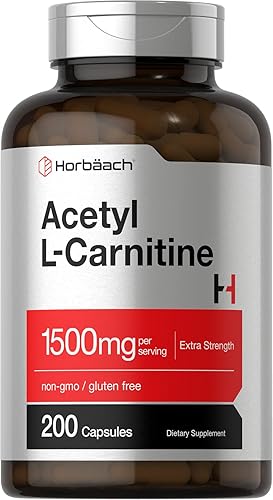 Horbäach Acetil L-carnitina 1500 mg | 200 cápsulas | Suplemento extra fuerte | Sin OMG y sin gluten