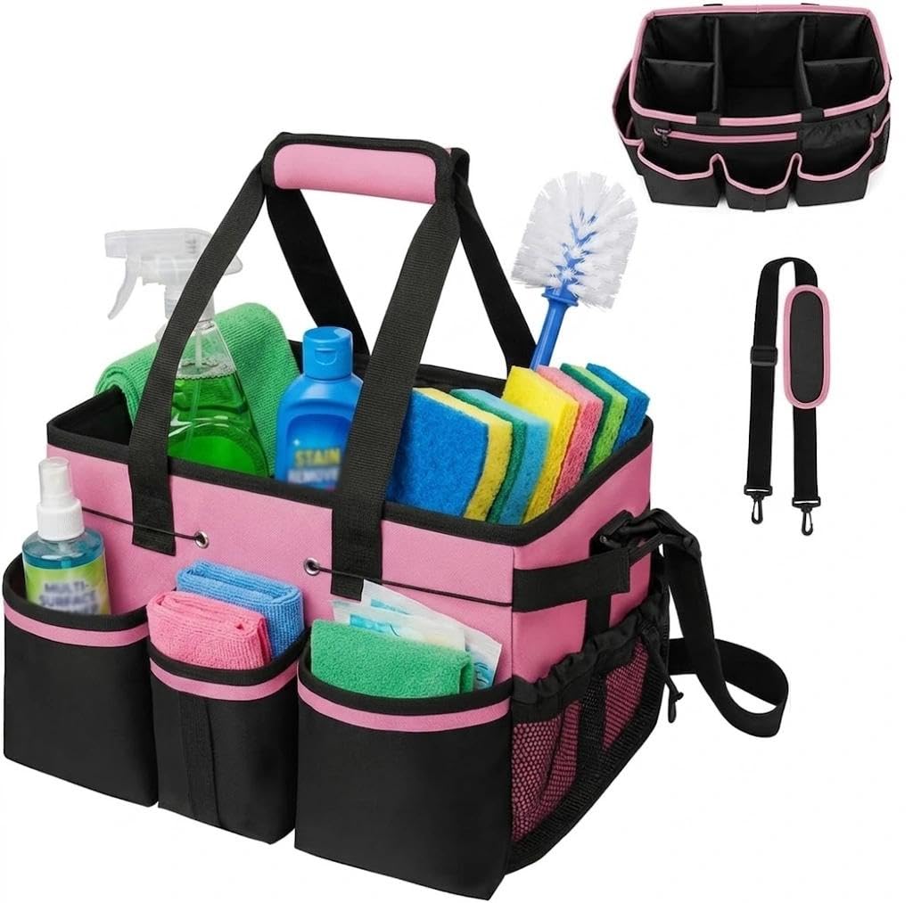 Cleaning Bag,Cleaning Caddy,With handle and crossbody shoulder strap,Pink