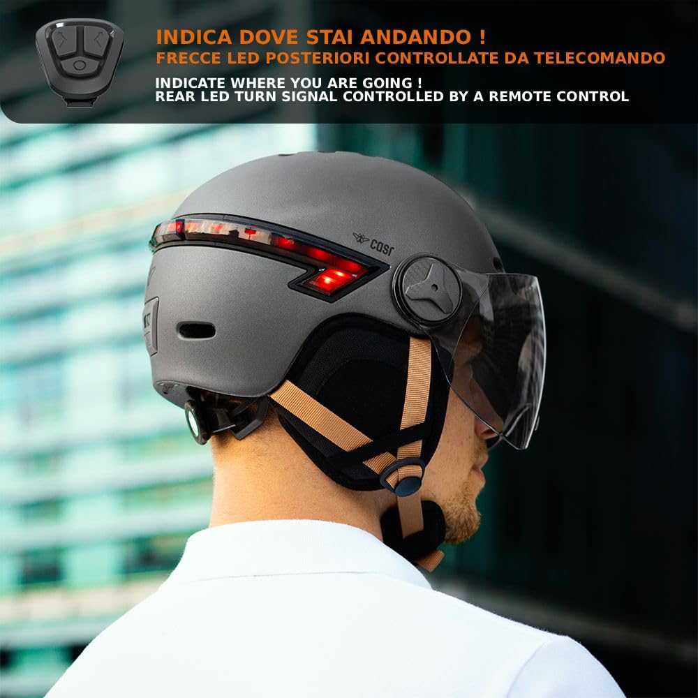 CASR Glow Casco LED per bici e monopattino Visiera XL copriorecchie rimovibili frecce posteriori telecomando