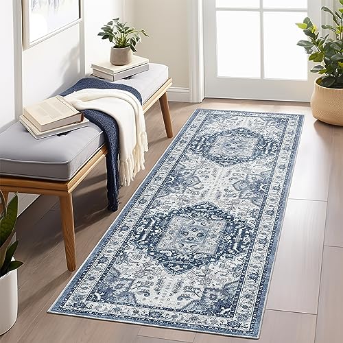 Madane Washable Runner Rug 2x6, Ultra-Thin Non-Slip Non-Shedding Hallway Runner, Stain Resistant Kitchen Mat Entryway Carpet Runner, Vintage Pet Friendly Low Pile Runners (2x6ft, Navy/White)