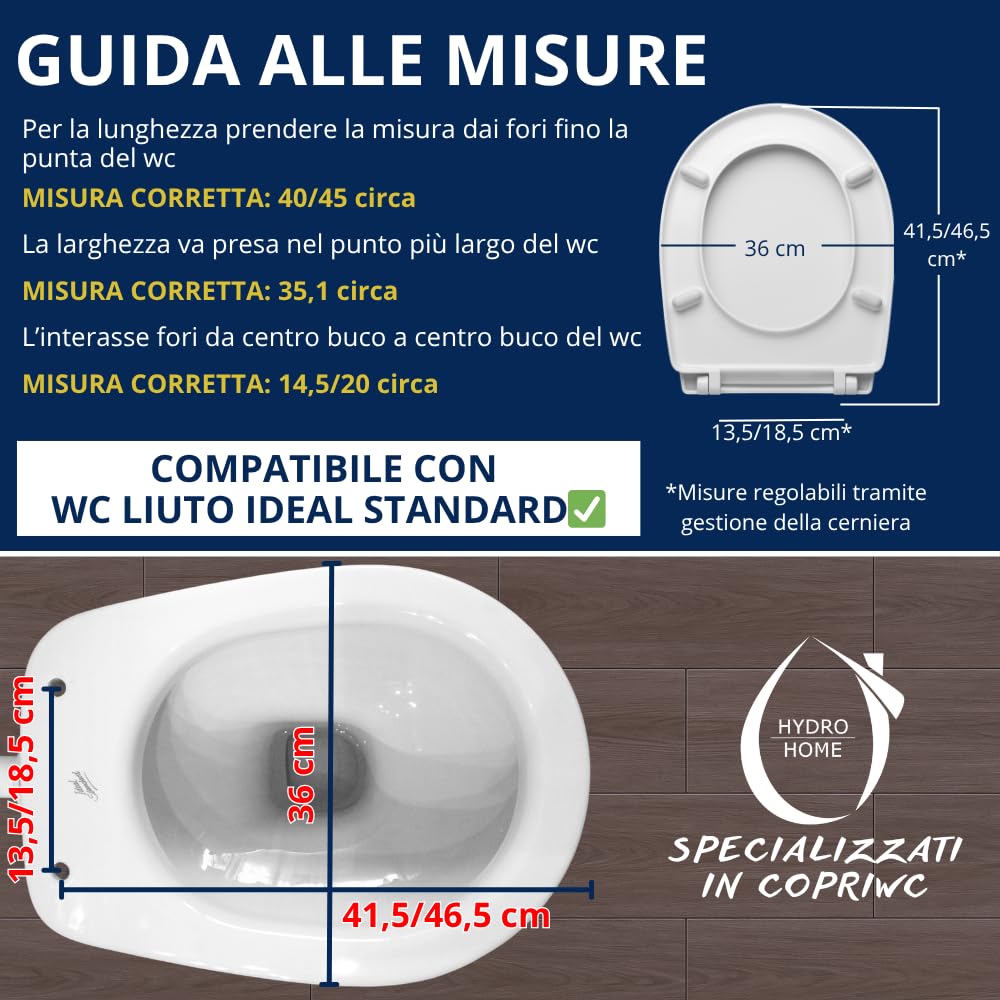 HYDRO HOME Copriwater compatibile con serie Liuto Ideal Standard Chiusura Ammortizzata, Plastica Termoindurente Cerniere Regolabili fissaggio dal basso Bianco