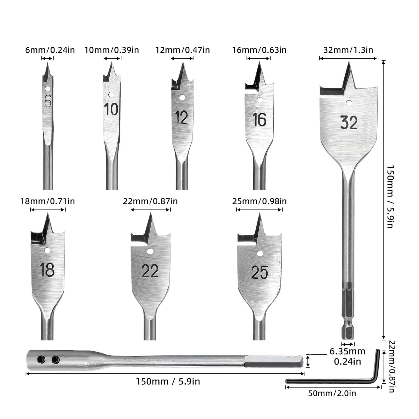 Broca de pala Juego de brocas de cincel de 10 piezas, 6-32 mm con vástago hexagonal, biela y llave, de tres puntos