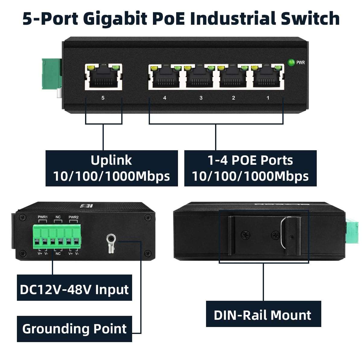Interruttore di rete industriale Gigabit a 5 porte con amplificatore di tensione DC12 V-48 V a DC48 V, 4 porte IEEE802.3 af/a 30 W POE 120 W, IP40, potenza compatta POE per sistema solare / trunk/VoIP