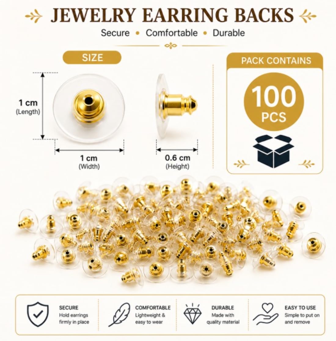 Tia Crafts Golden Bullet Clutch Earring Backs with Silicone Pad | Stopper for Studs | Silicone Earring Backs Support for Heavy Earrings | Rubber Ear Back Stopper Button Support for Women & Girls | Pack of 200 pcs 3