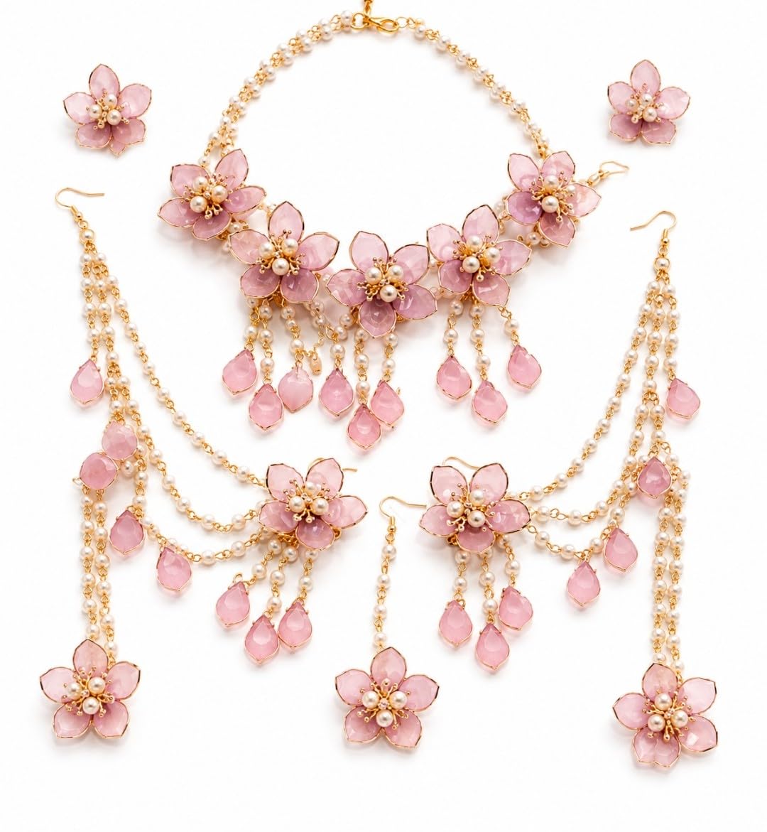 Pink Floral Bridal Jewellery Set with Pearl & Crystal Drops-image-21