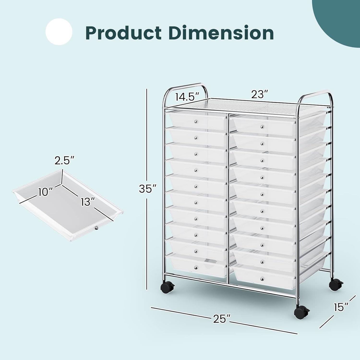 Clear 20-Drawer Rolling Organizer Cart with Chrome Frame