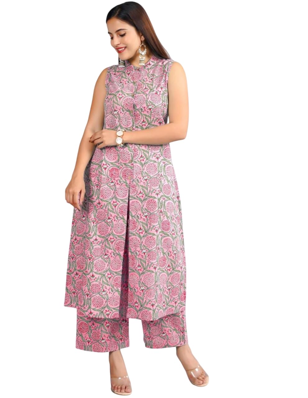 Women’s Printed Cotton Blend Kurta with Palazzo Sleeveless Ethnic Wear Set Fully Stitched-picture-14