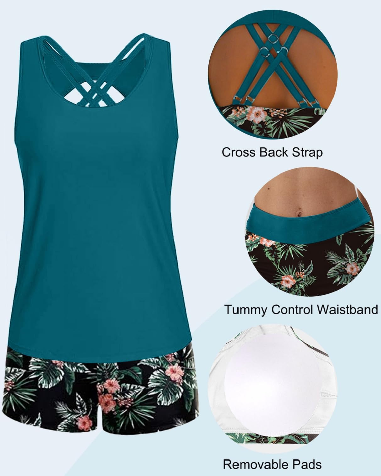Yutdeng Tankini Mujer 3 Piezas Reductor Barriga Push Up Bañador con Pierna Vientre Plano