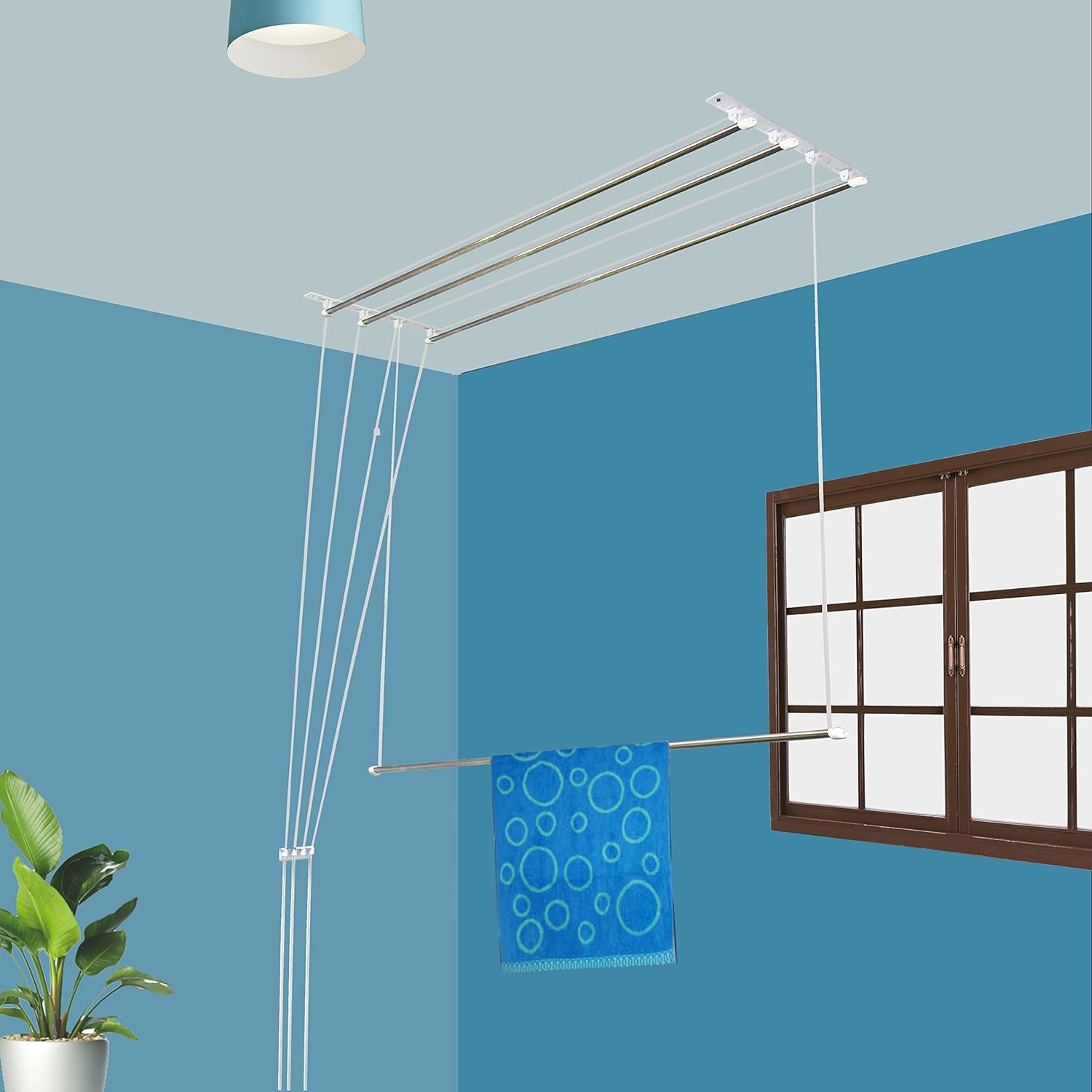 NR Industries Ceiling Hanger Class Pipe Luxury Heavy Rust Proof Stainless Steel with UV Protected Luxury Ropes Individual dropdown/Cloth Drying Stand for Balcony (8 Feet 4 Lines)