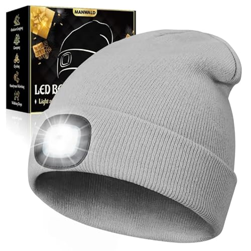 MANWALD LED Beanie Hat with Light, USB Rechargeable LED Headlamp, Gifts for Men, Fathers Day Dad Gifts from Daughter Wife Son, Birthday Gifts for Him Men Husband, Boyfriends, Grey, 1 Pack