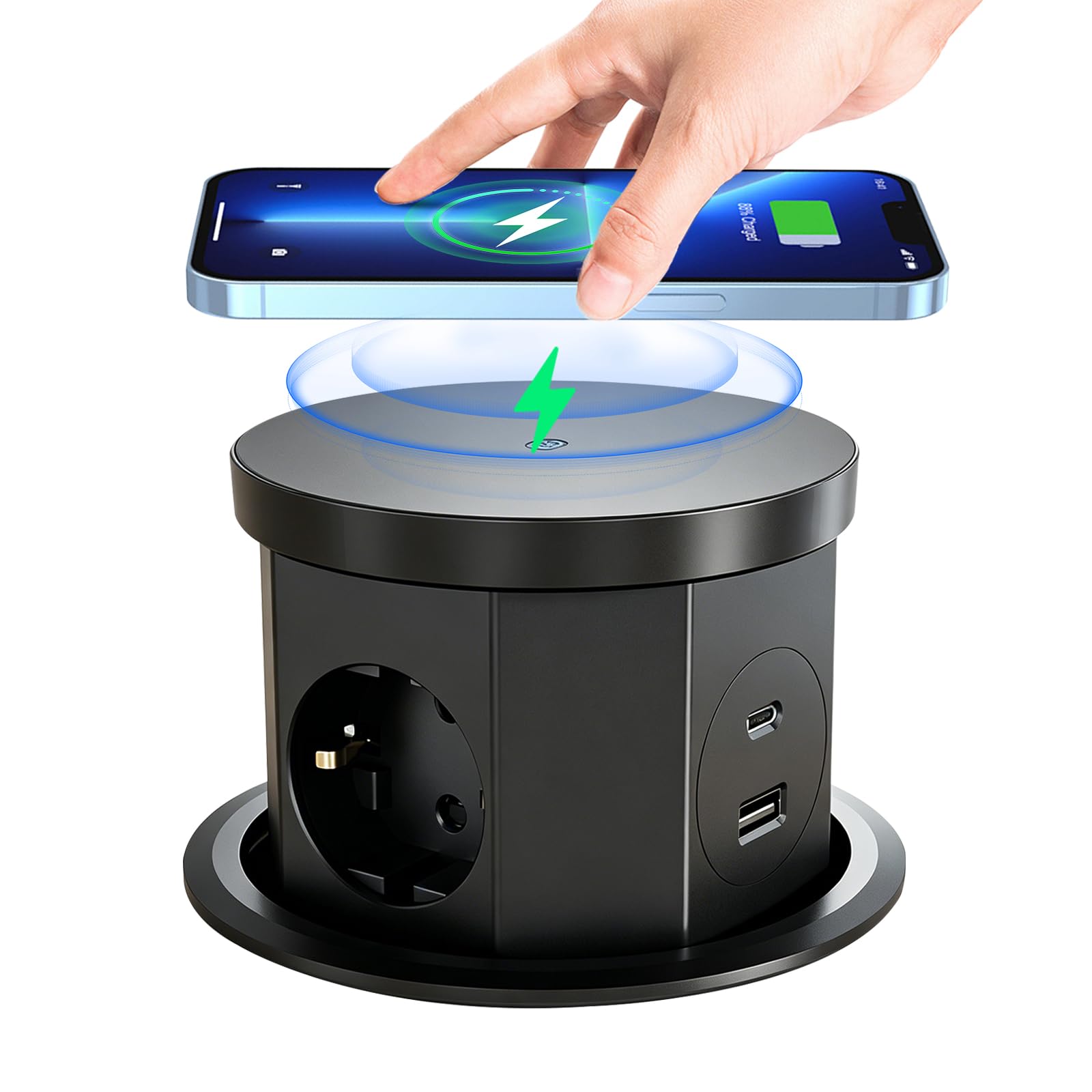 Enchufe Retráctil de 3 Enchufes, Regleta Empotrable Mesa con 15W de Carga Inalámbrica, USB C y USB A, Toma Empotrable Escritorio para Oficia, Casa y Cocina, Cable de 1,5M
