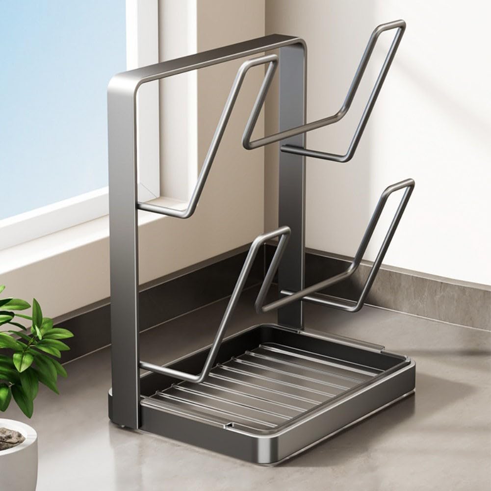 Soporte de cocina de acero resistente al calor con tapa y soporte para cucharón, organizador vertical con almohadillas protectoras para proteger las superficies de la encimera (estante doble para