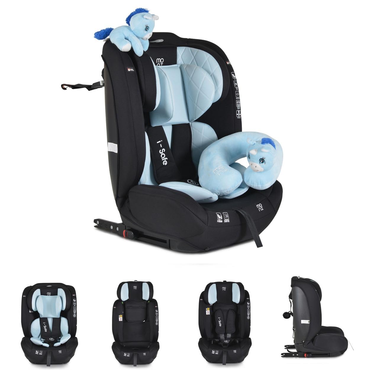 Davant view of Moni i-Size i-Safe Child Car Seat with blue insert and harness