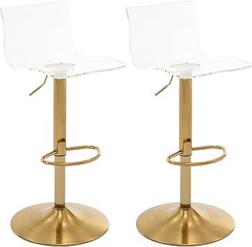 Brage Living Acrylic Bar Stool Mid Back Set of 2 Clear Adjustable Rotatable Air Lift Bar Stool Counter Height Bar Chair for Kitchen Dining Pub Cafe Clear, Gold Base