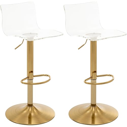Brage Living Acrylic Bar Stools with Mid Back, Set of 2, Transparent Adjustable Swivel Airlift Barstools, Counter Height Bar Chairs for Kitchen Dining Pub Cafe (Clear, Gold Base)