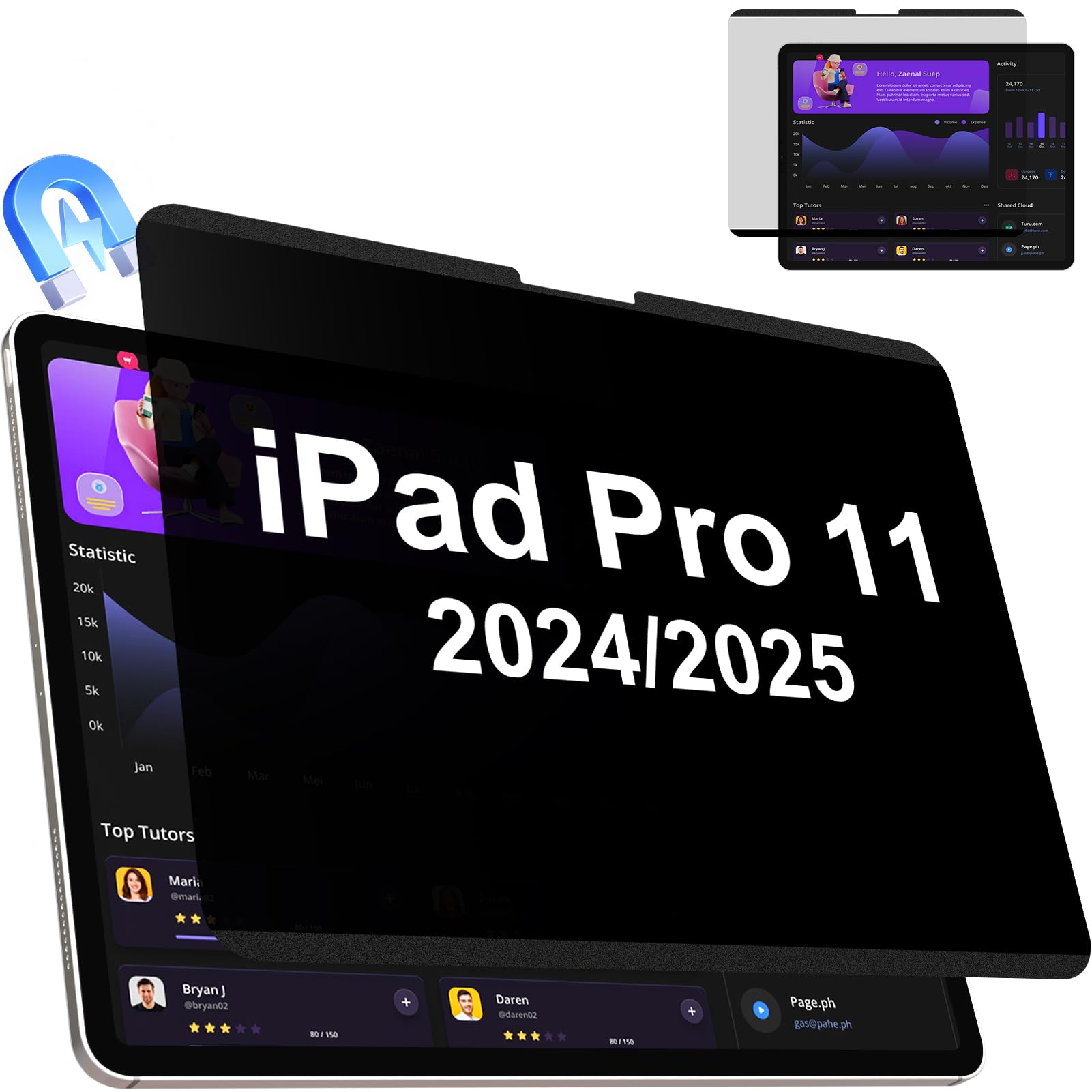 IPROKKO Magnetic Privacy Screen Protector Compatible With iPad Pro 11 Inch M4 M5 (2024 2025, 5th 6th)), Removable Anti Blue Light Glare Spy Private Filter Black Security Screen Cover for School Office Cafe