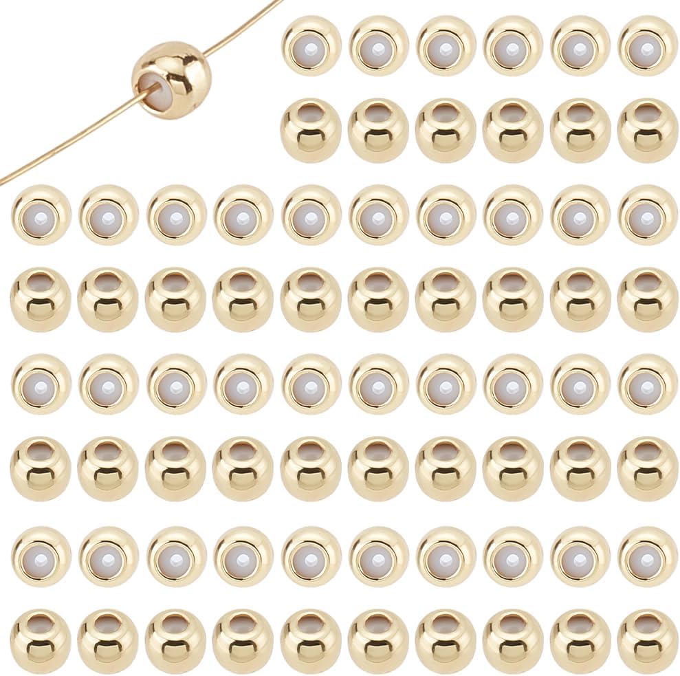50Pcs Stop Beads 18K Gold Plated Brass and Silicone Slider Beads 4mm Round Rondelle Loose Spacer Bead for Jewelry Making Accessory Supplies DIY Craft Necklace Bracelet
