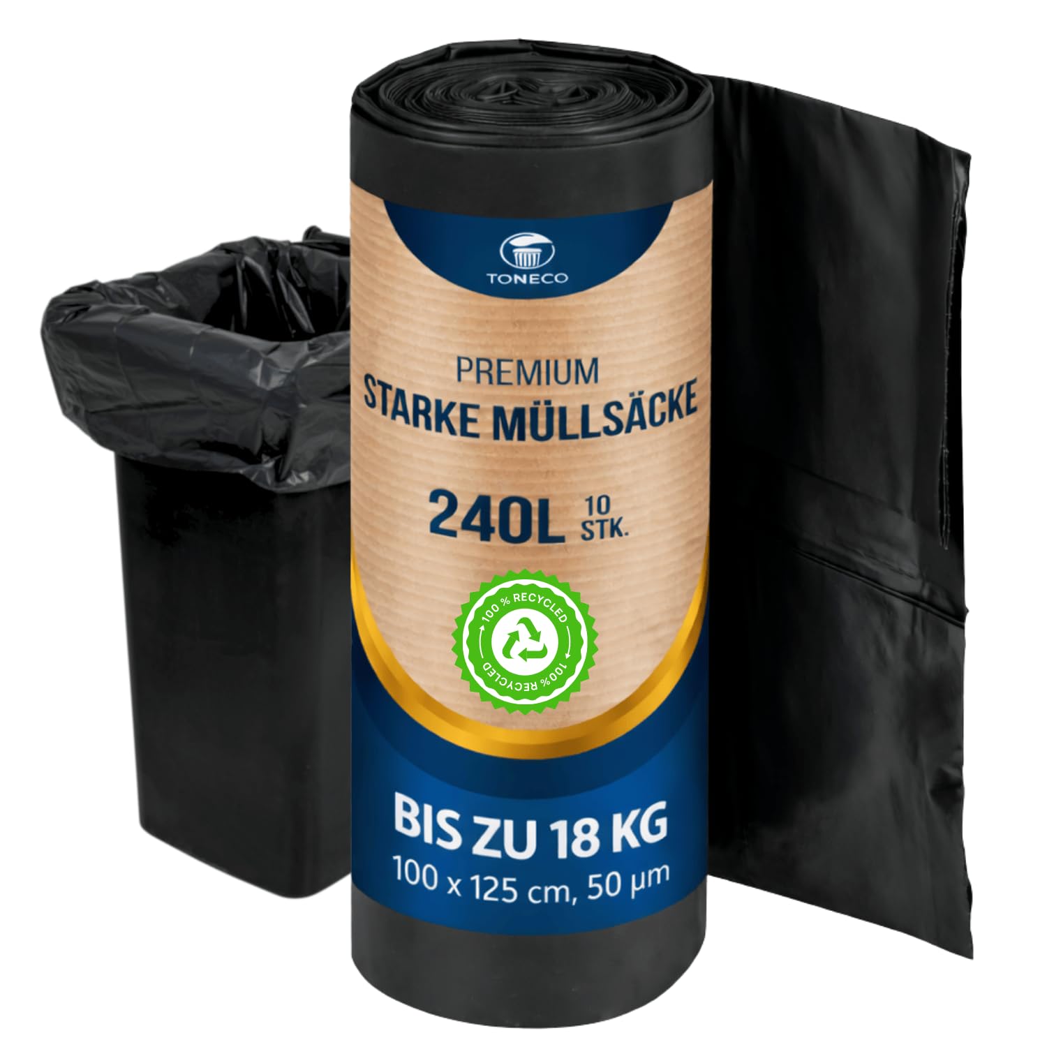 Toneco ® STARKE - Müllsäcke 240L - 500 Säcke - 100 x 125 cm - reißfest & dicht - Camping, Haushalt, Industrie - (10 bis 500 Säcke) (500)