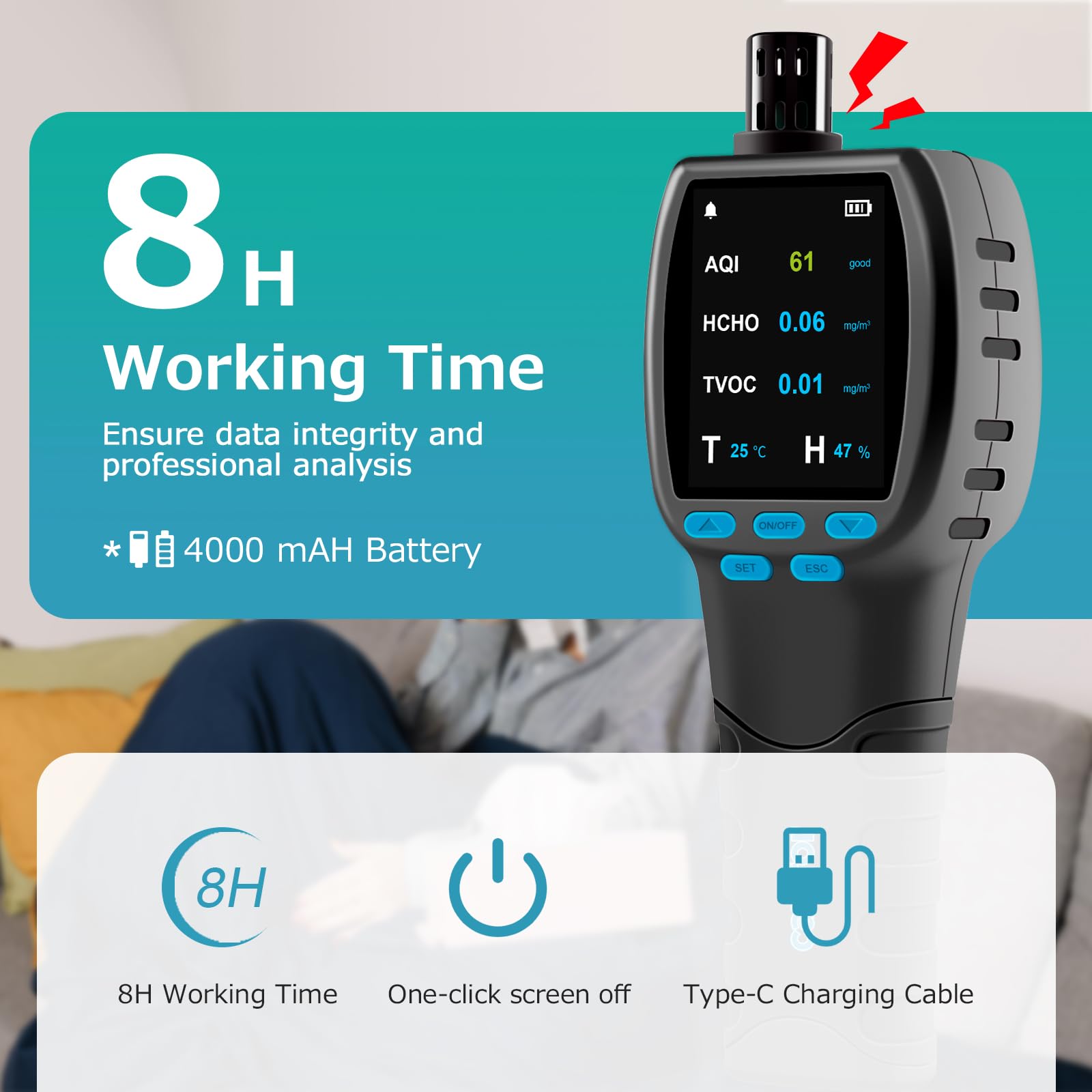 CF‑60 PP Professionale qualità aria misuratore con grafici dei dati sul dispositivo e report esportabili, rilevatore portatile 16 in 1 per AQI, CO2, TVOC, HCHO, PM2.5/10/1.0, polline ecc