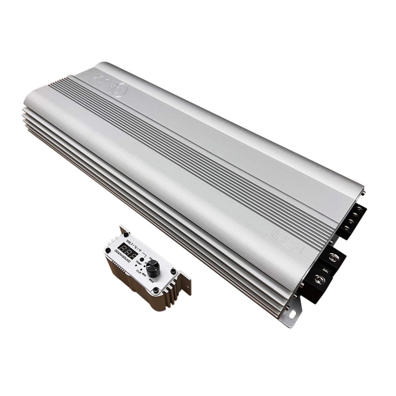 DOWN4SOUND JP23 V1.5 Elite White Silver | Monoblock Amplifier - 2300W RMS, 1-Ohm Stable, Linkable for Car Audio Systems, High-Performance Bass Amplifier for 2000W Subwoofer Setup