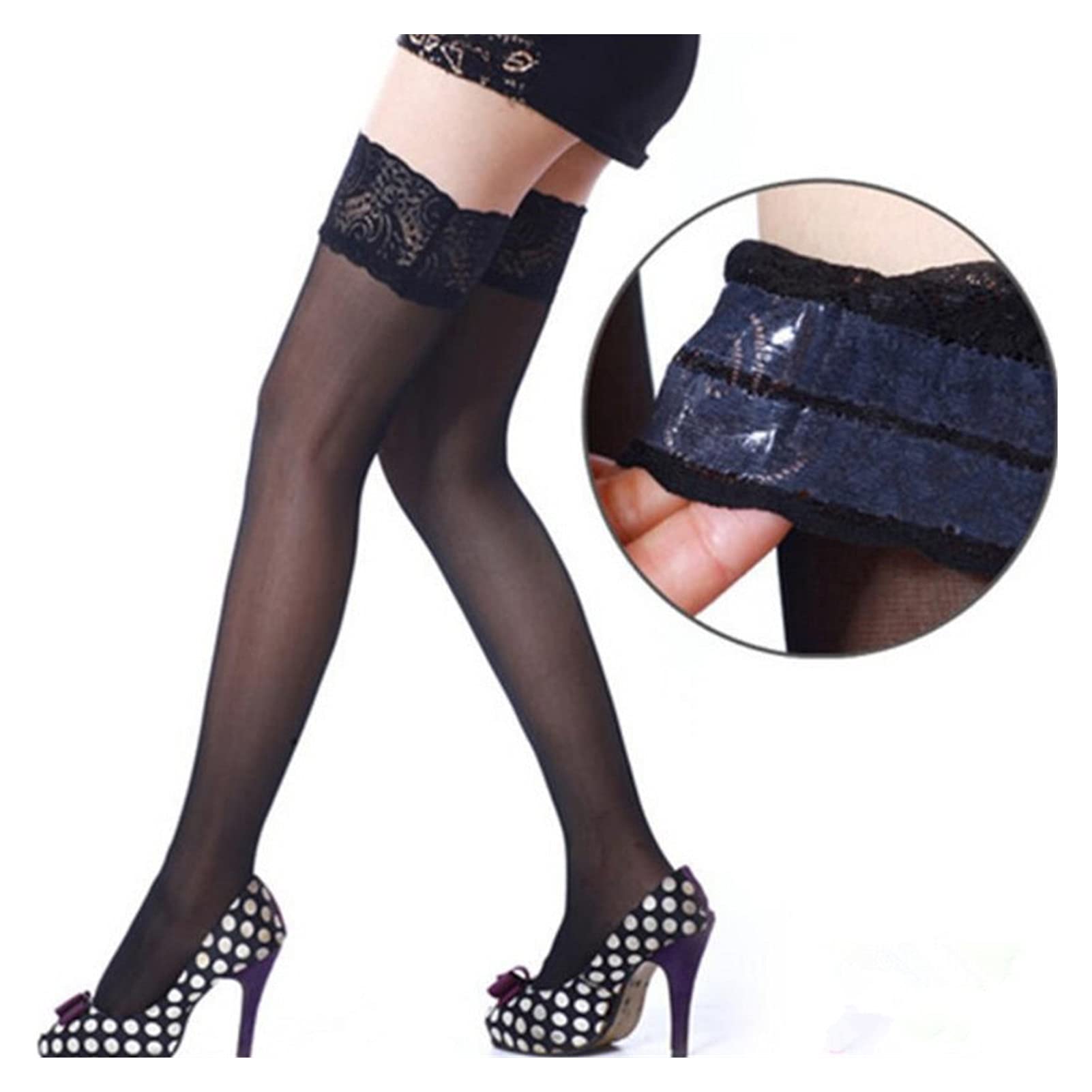 Medias, Medias de Malla Medias Sexy Damas Totops de Encaje Antideslizantes Silicona Transparente Piernas Hermosas Medias Altas hasta el Muslo Lencería (Negro L)