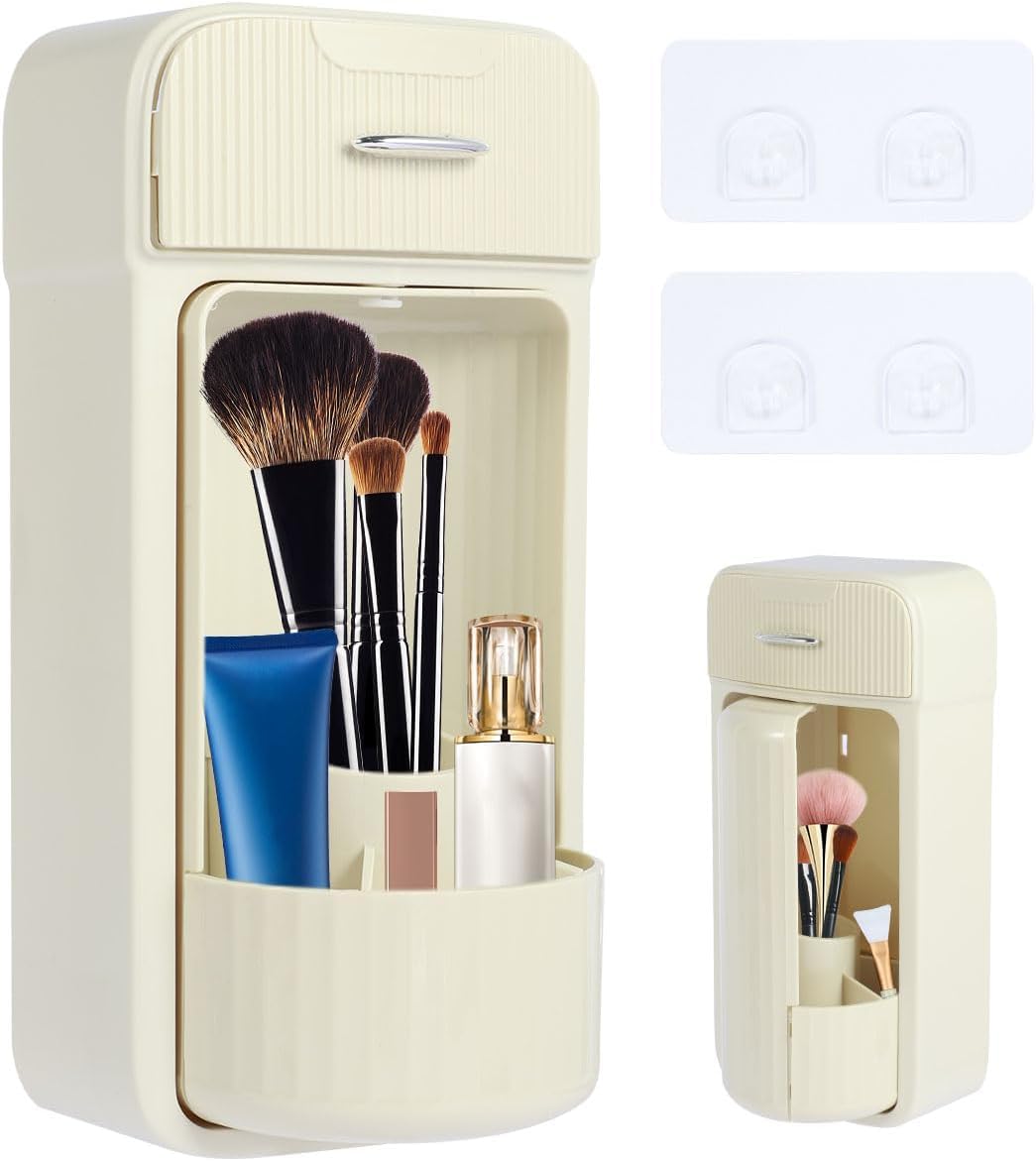 Zorzel Wall Mounted Makeup Brush Holder, 360° Rotation Makeup Brush Storage Box, Dust-Proof Makeup Brush Storage Container, Pencil, Pen Holder for Vanity Bathroom Bedroom