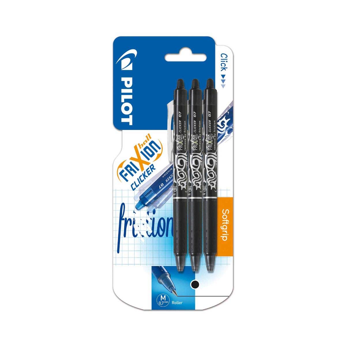 Lot De 3 Stylos Roller PILOT FRIXION Ball 0.7 Mm Noir – Encre Effaçable, Gomme Intégrée – Idéal Pour Notes Et Bureautique