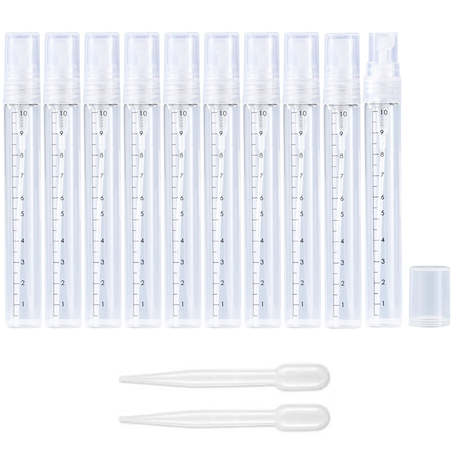 Apstaqeoo 10Pcs, 10Ml Empty Glass Spray Bottles with Scale - Clear Mini Sample Perfume Atomizer Vial Travel Bottles Set with Fine Mist Sprayer & Clear Dust Cap Perfect for Fragrance, Essential Oils