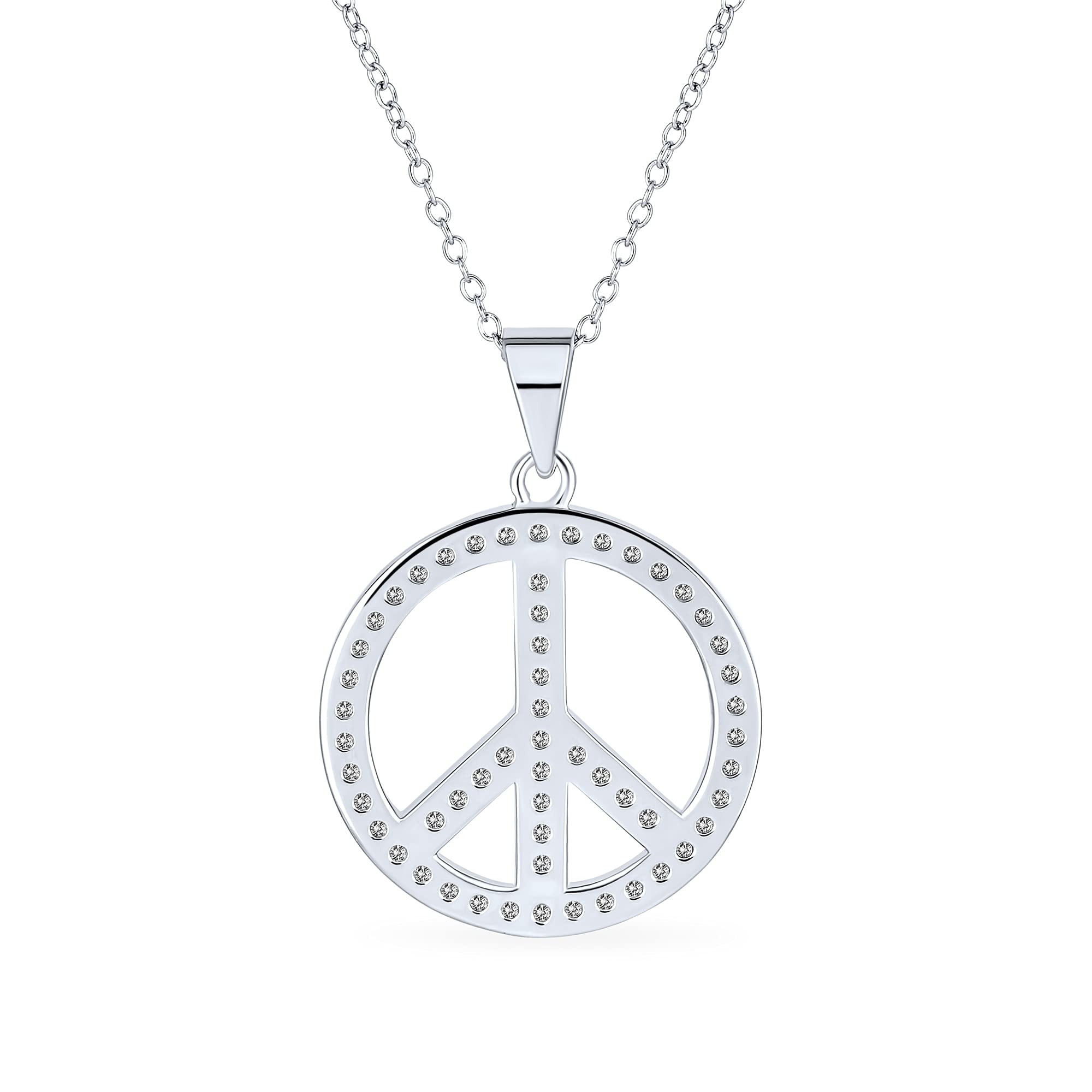 Bling Jewelry Ciondolo a forma di segno di pace aperto con zirconi cubici pavé per adolescenti e donne in argento sterling .925 con catena.