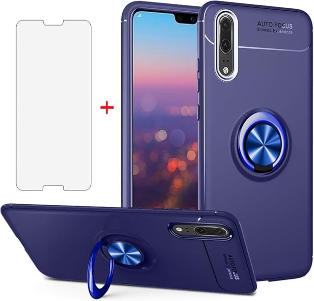 Phone Case for Huawei P20 Pro with Tempered Glass Screen Protector Cover Magnetic Stand Ring Holder Accessories Shockproof Full Body Silicone Huwai Hawaii Hwauei Haweii P 20Pro 20 P20pro Women Blue