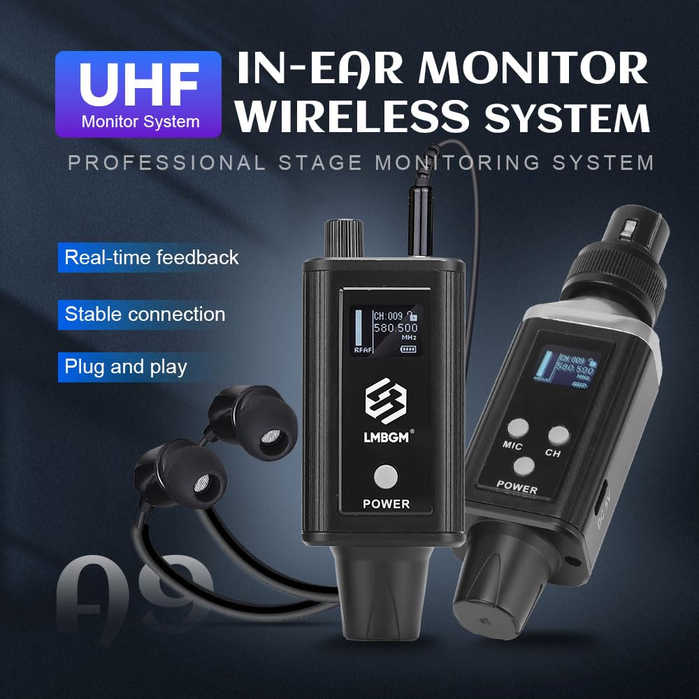 A9 UHF Wireless in-ear Monitor Pro System Transmitter and Beltpack Receiver for Studio, Band Rehearsal and Live Performance (A9-1) (A9-2) (A9-2)