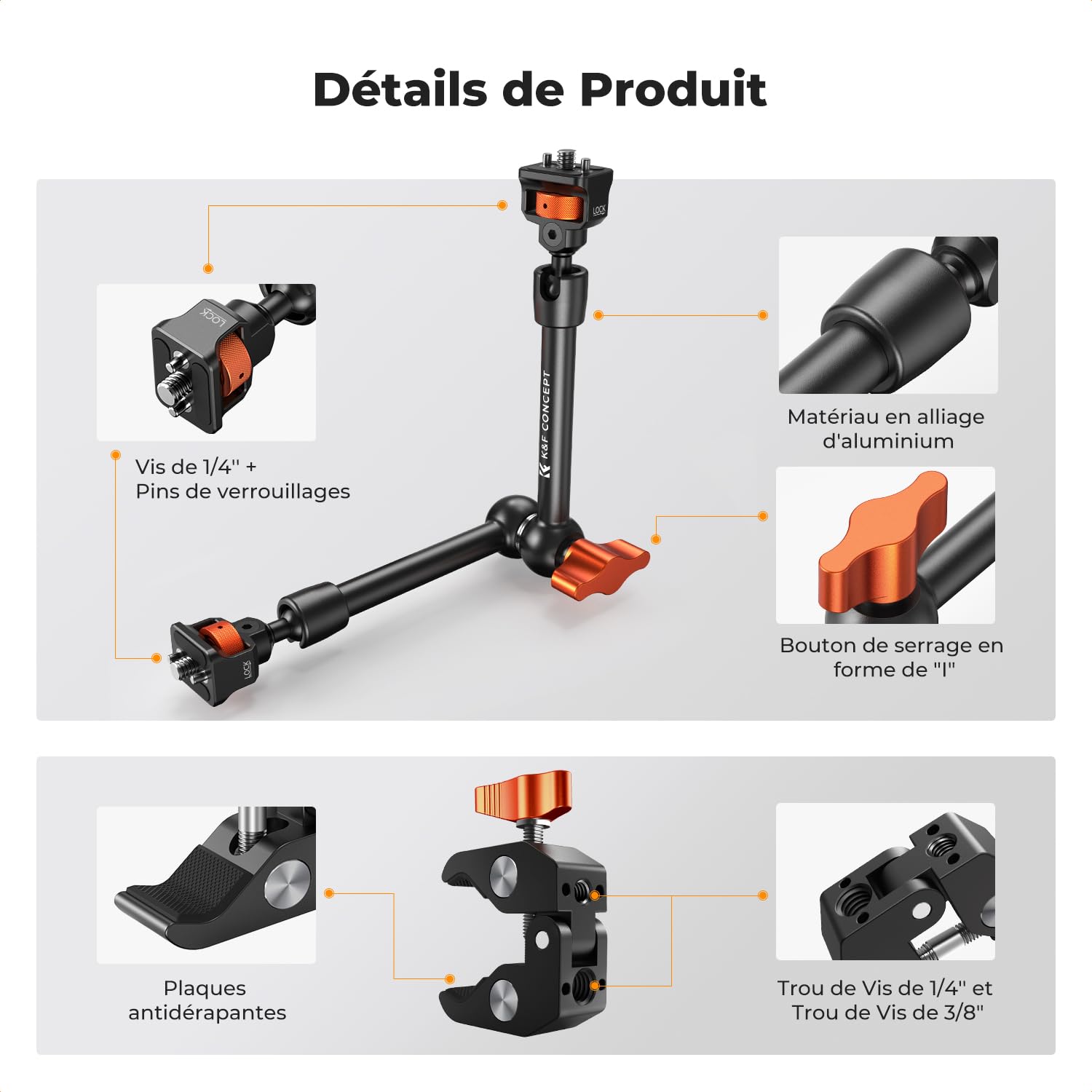 K&F CONCEPT Bras Magique 11 Pouce avec Pince Super Clamp et Vis 1/4'' 3/8'', Support Articulé Réglable pour Moniteur, Appareil Photo, Lumière LED, Microphone, Trépied Vidéo