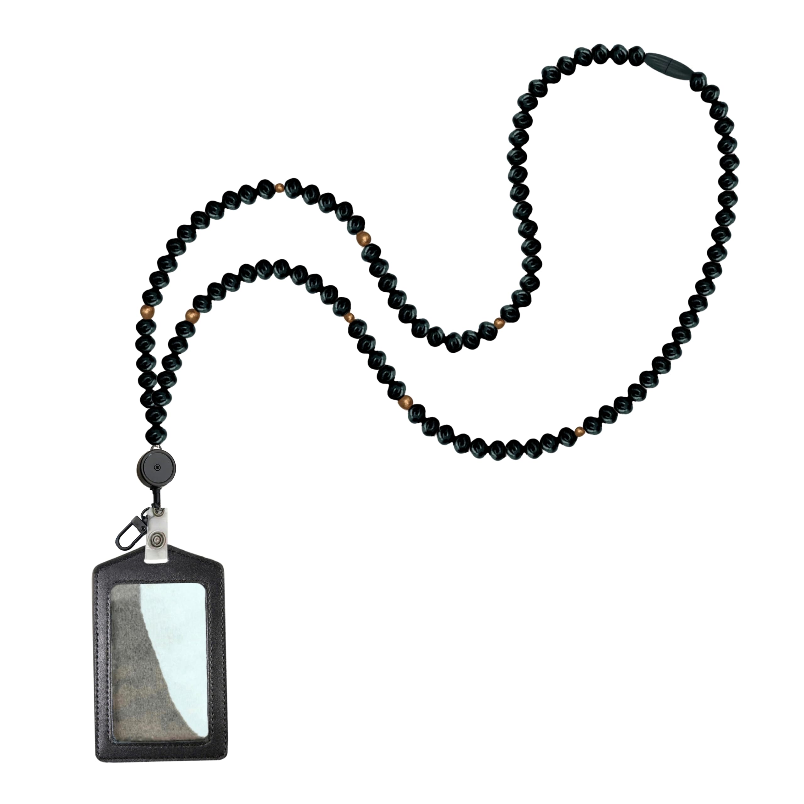 Beaded Breakaway Teacher Lanyard with ID Holder Retractable Reel Badge Lanyards for ID Badges for Women Cute (Ebony-Gold)-image-17