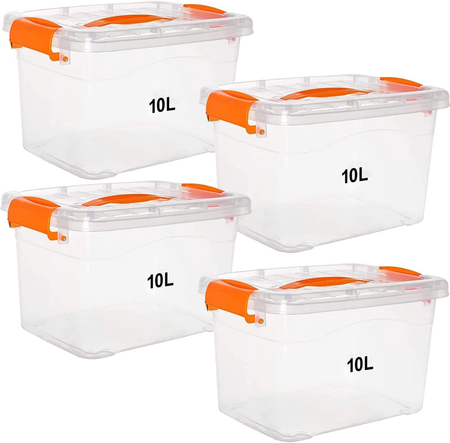 Premify 4pcs Plastic Storage Boxes, 10L Clear Stackable Containers With Lockable Lids, Clear Plastic Organizer – Transparent Box Storing Toys, Shoes, Kitchen Items, Snacks, Tools, Medicine