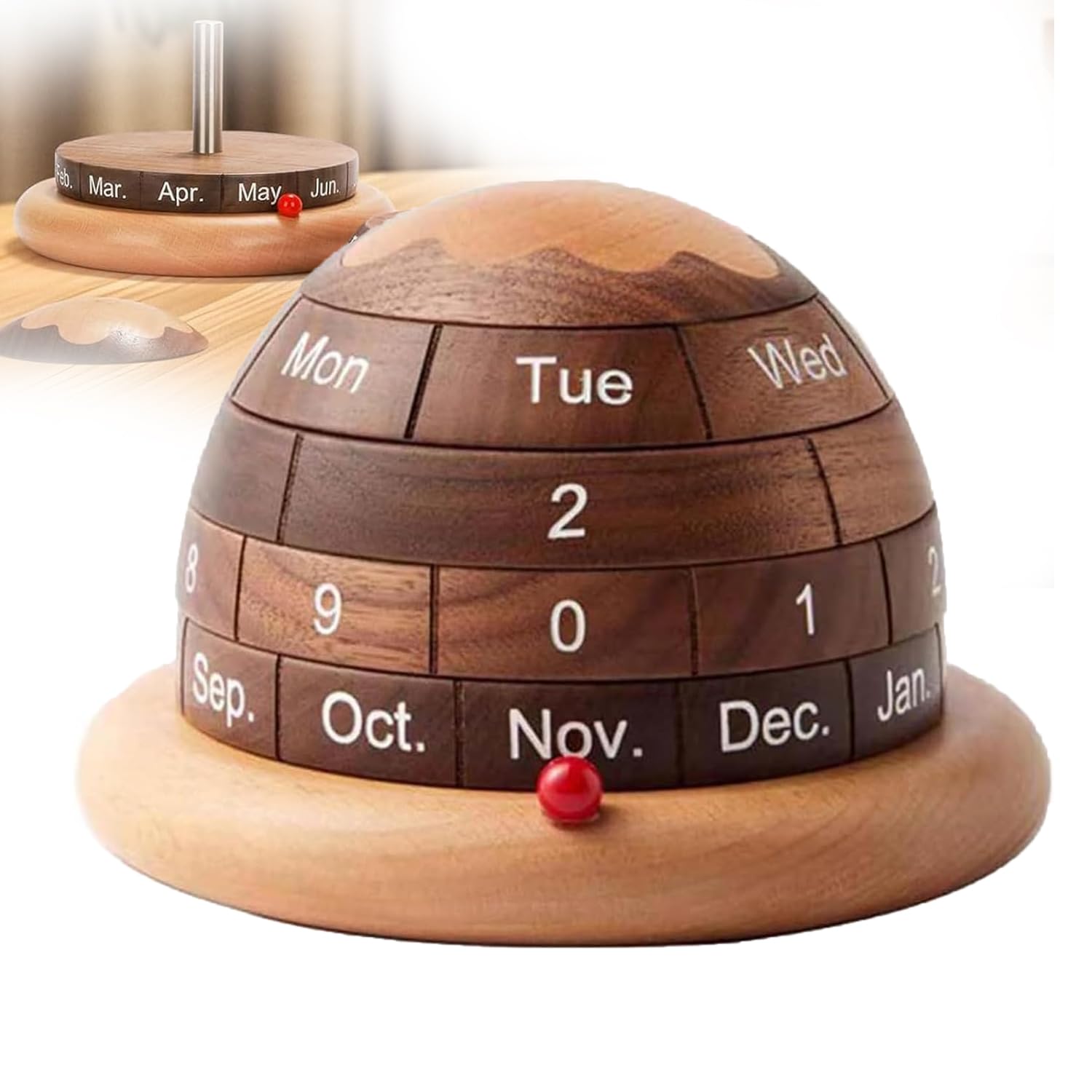 Rotierender Holzkalender, Abnehmbarer kuchenförmiger Tischkalender, kugelförmiger ewiger Kalender, Schreibtischzubehör, einzigartige Geschenkidee (Walnuss)