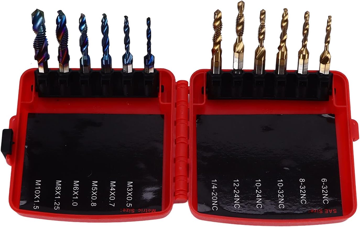 – KSZJSD12Pcs Combined Tap Drill Bit Set 6PCS Metric Thread M3 M4 M5 M6 M8 M10 Blue Coating 6PCS Titanium Screw Tapping SAE 6-32NC 8-32NC 10-24NC 10-32NC 12-24NC 1/4-20NC with Case 1/4in Hex Shank