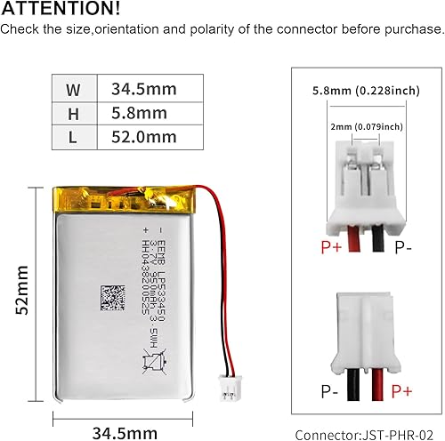 Miniatura 3 de EEMB 3.7V Lipo Batería 950mAh 533450 Batería de iones de polímero de litio Batería recargable de polímero de iones de litio con conector JST