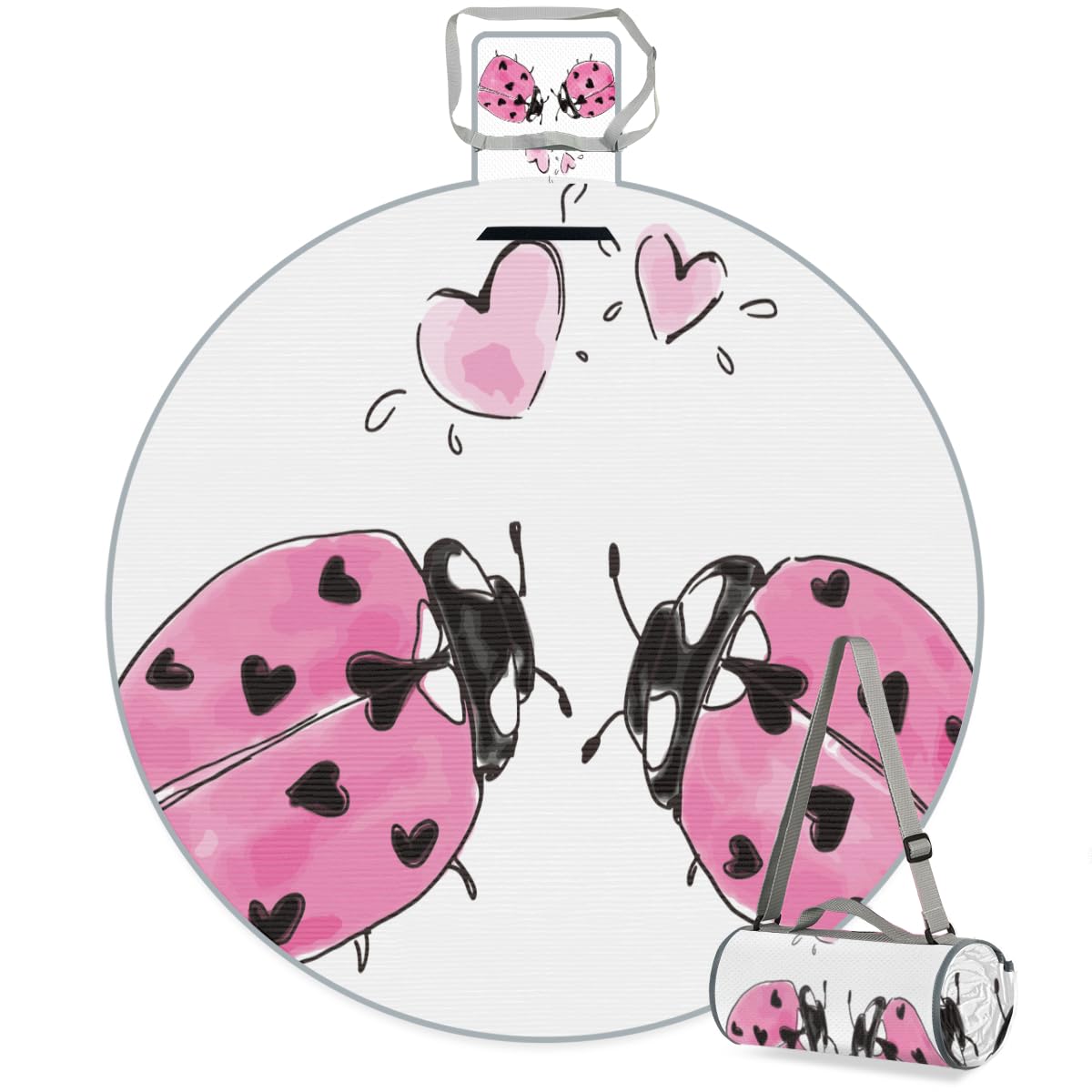 Shimoshe Watercolor Ladybug Picnic Outdoor Blanket Foldable Waterproof Sandproof Beach Blanket Portable Water-Resistant Round Picnic Mat for Travel Camping Park Lawn