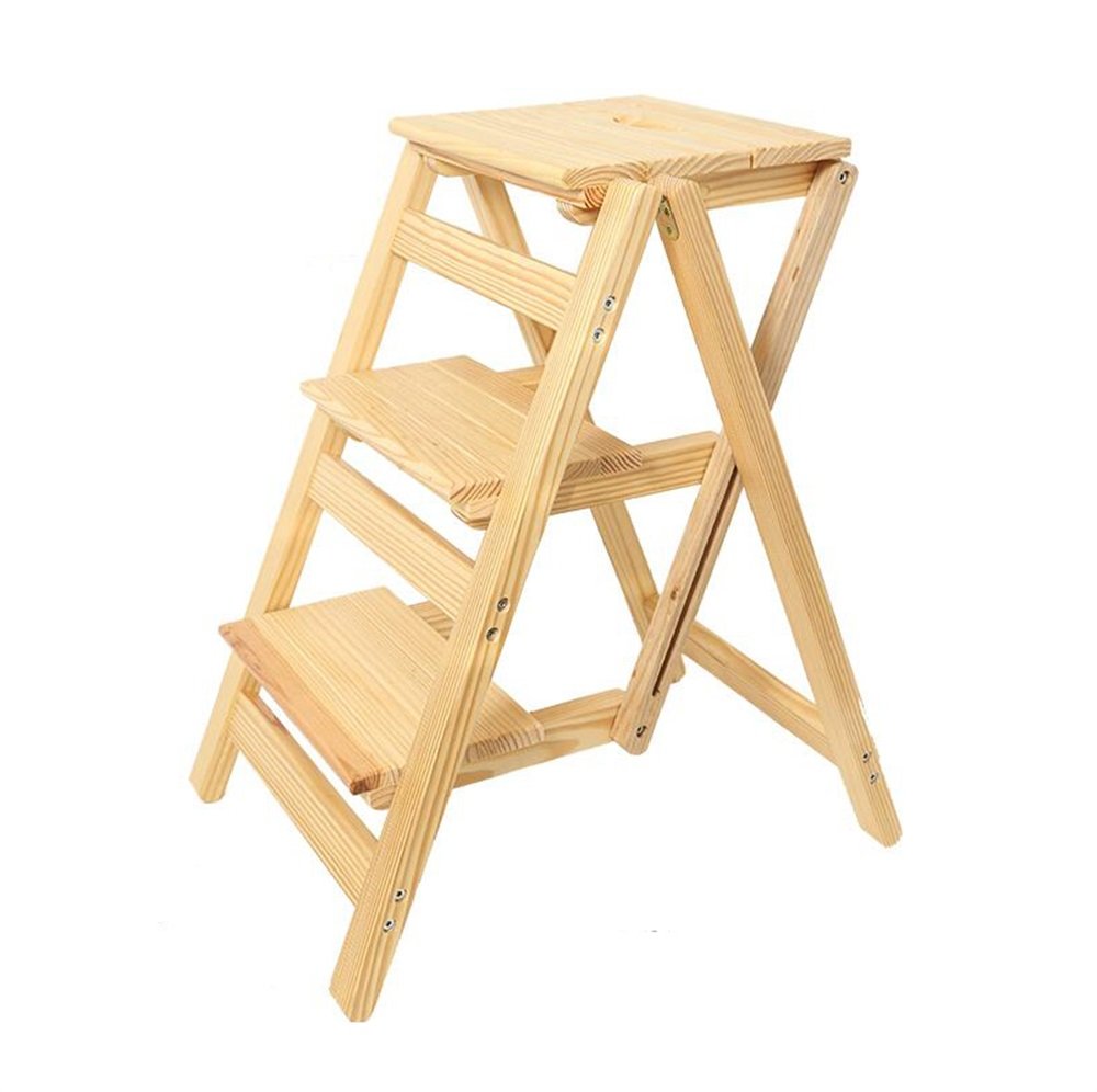 Escabeau en bois massif 3 marches et chaise multifonctionnelle pliante