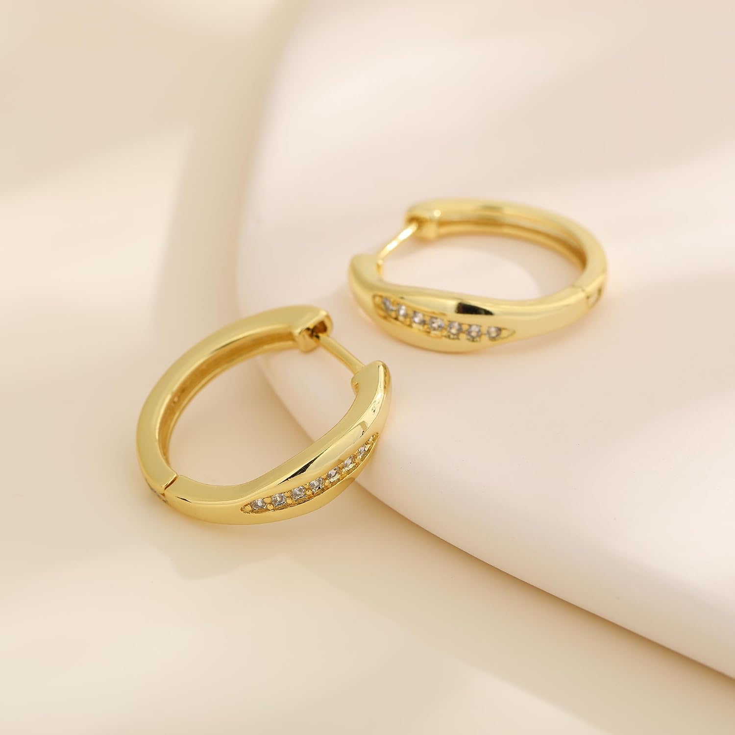 18K Gold Plated Crystal Hoop Earrings, Oval Shape Design with Channel Set Stones, 19.3mm x 20mm Elegant Drop Earrings for Women